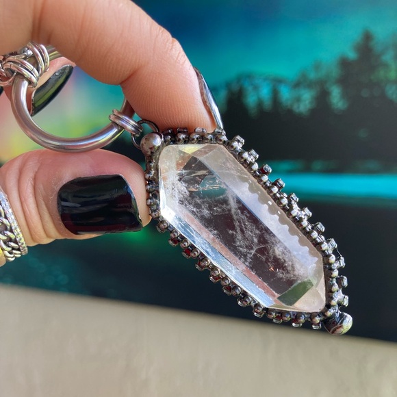 LONG 26 inch chain BIG Crystal quartz black electroplated boho goth necklace - Picture 11 of 14